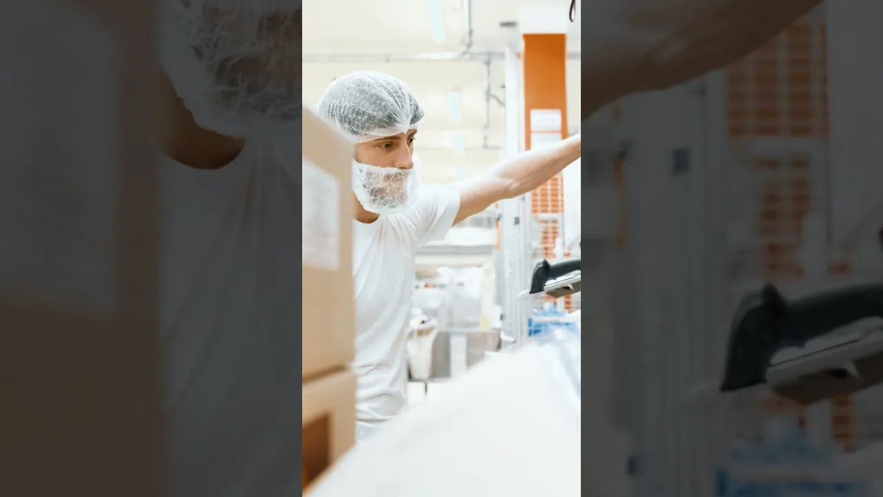 Ein Mann mit Haarnetz und Bartschutz arbeitet in einer Produktionshalle und bedient eine Maschine, um die hohe Qualität der Produkte zu gewährleisten.