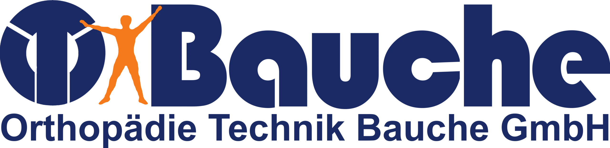 Das Logo von Bauche Orthopädie Technik Bauche GmbH zeigt den Firmennamen in Dunkelblau mit einer orangefarbenen menschlichen Figur im Anfangsbuchstaben.