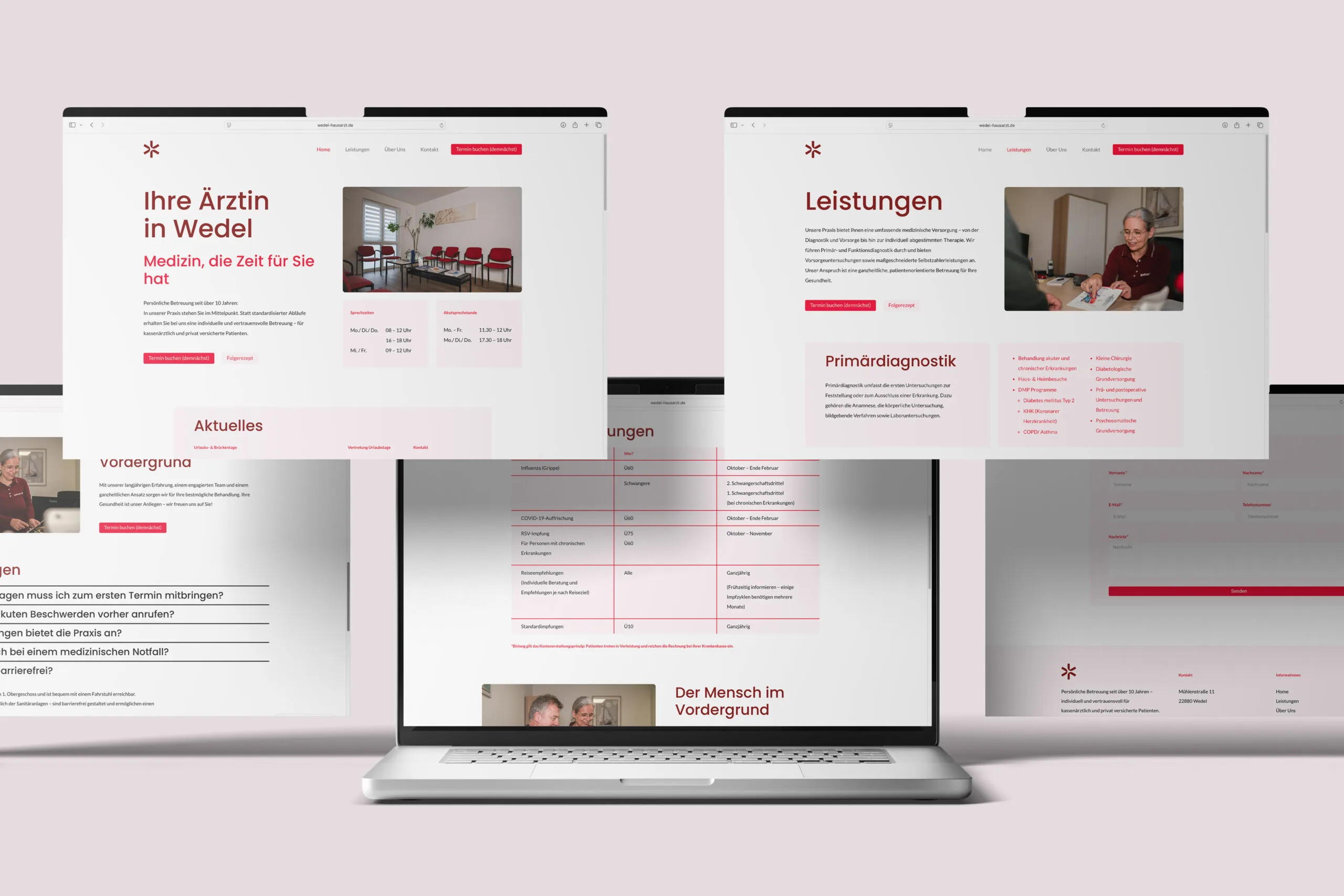 Ein Laptop zeigt die Landingpage einer allgemeinmedizinischen Praxis in Wedel mit verschiedenen Abschnitten wie Leistungen, Sprechzeiten und Kontaktformular.