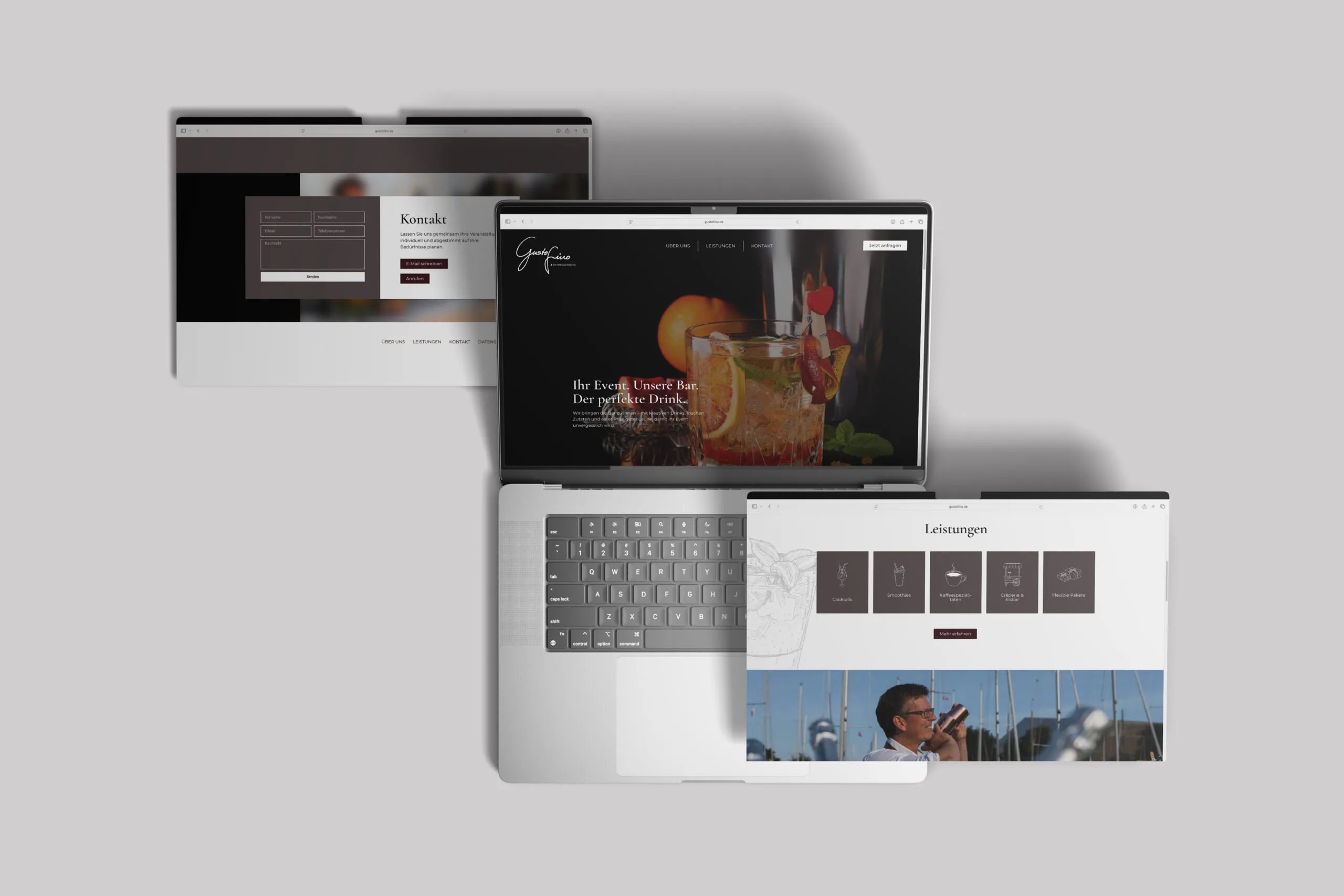 Drei Bildschirme zeigen die Landingpage von Gustofino mit den Bereichen Kontakt, Startseite und Leistungen für mobile Bar-Services.