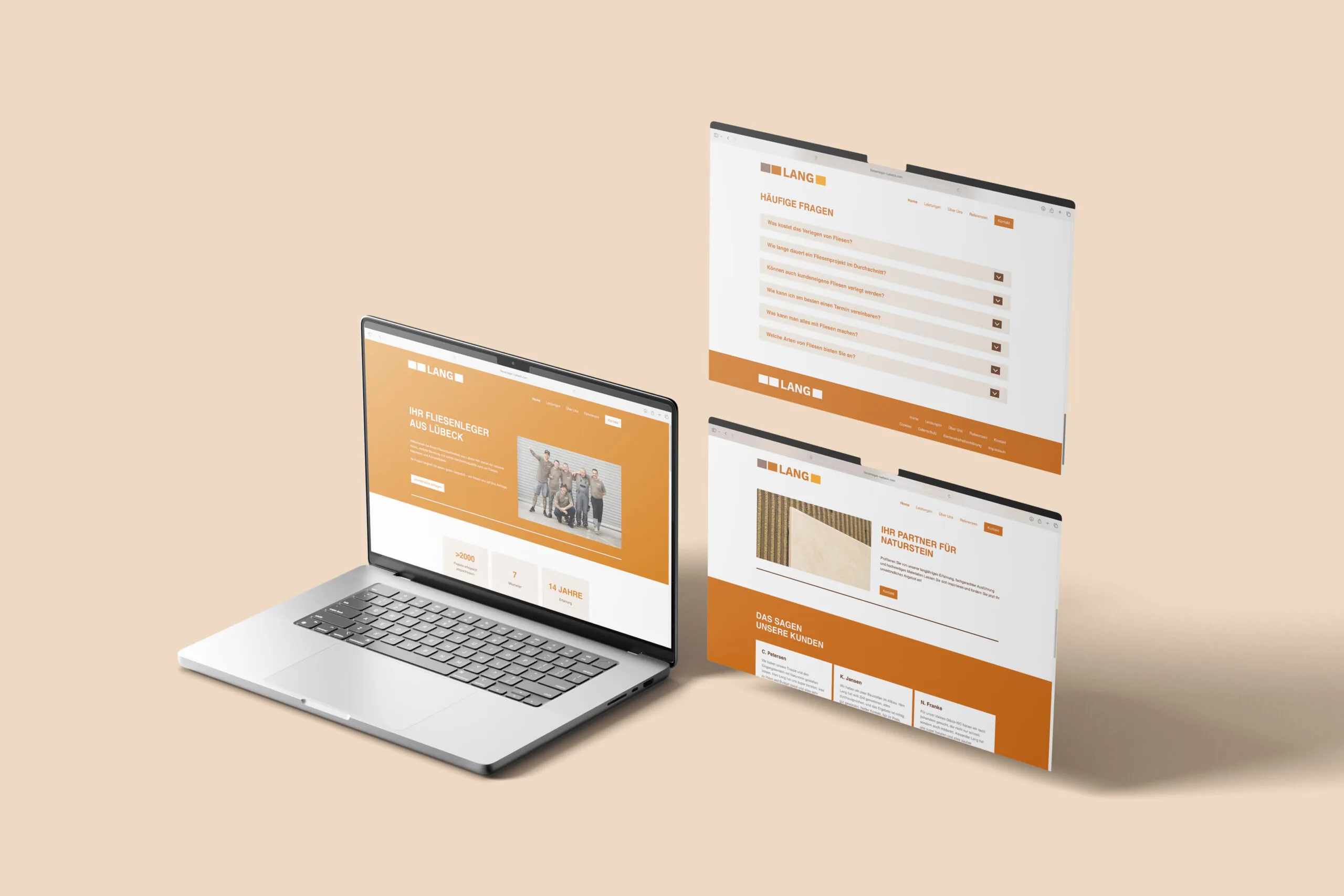 Eine Landingpage für Lang Natursteine und Fliesenleger, dargestellt auf einem Laptop und zwei schwebenden Browserfenstern, die verschiedene Bereiche der Website