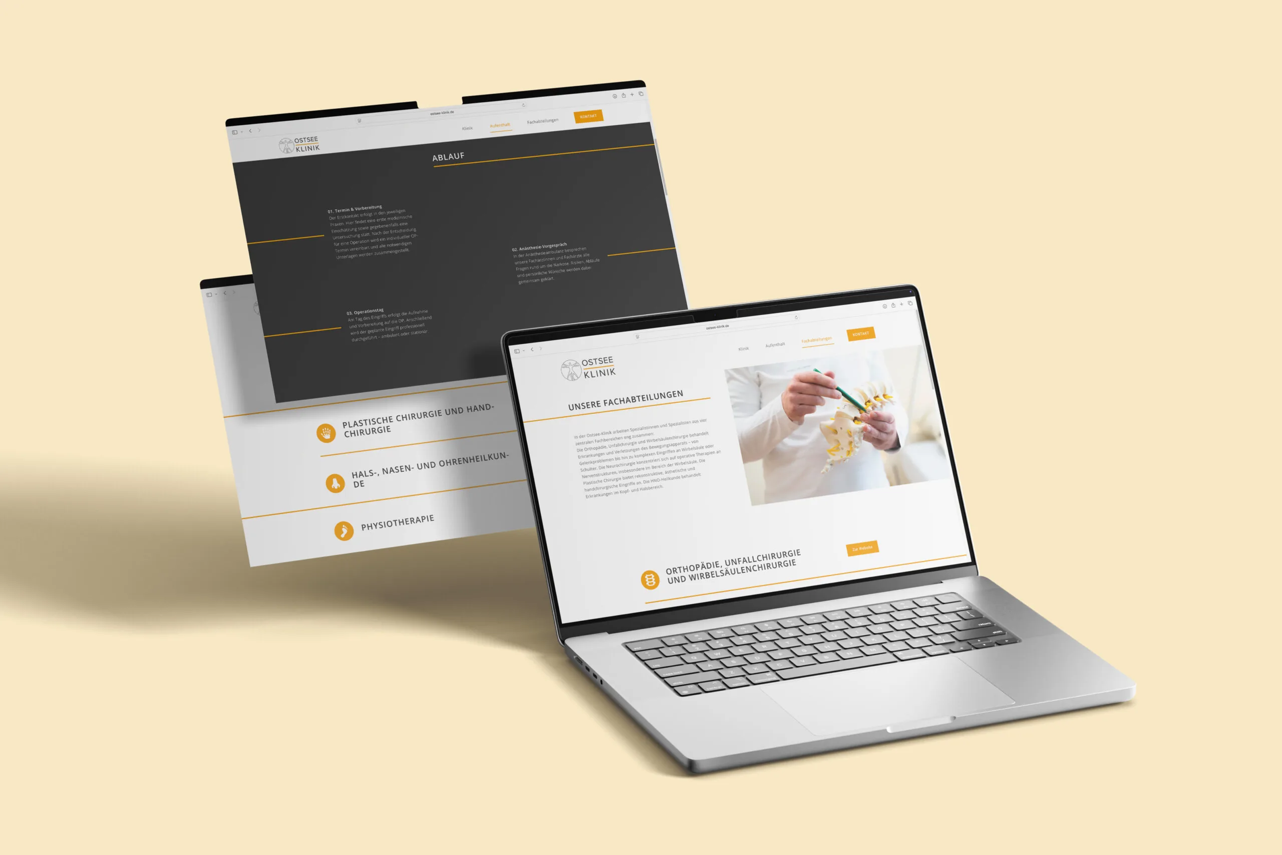 Zwei Laptops zeigen die Landingpage der Ostsee Klinik mit Informationen zu Abläufen und Fachabteilungen, erstellt von Kontraste Agency.