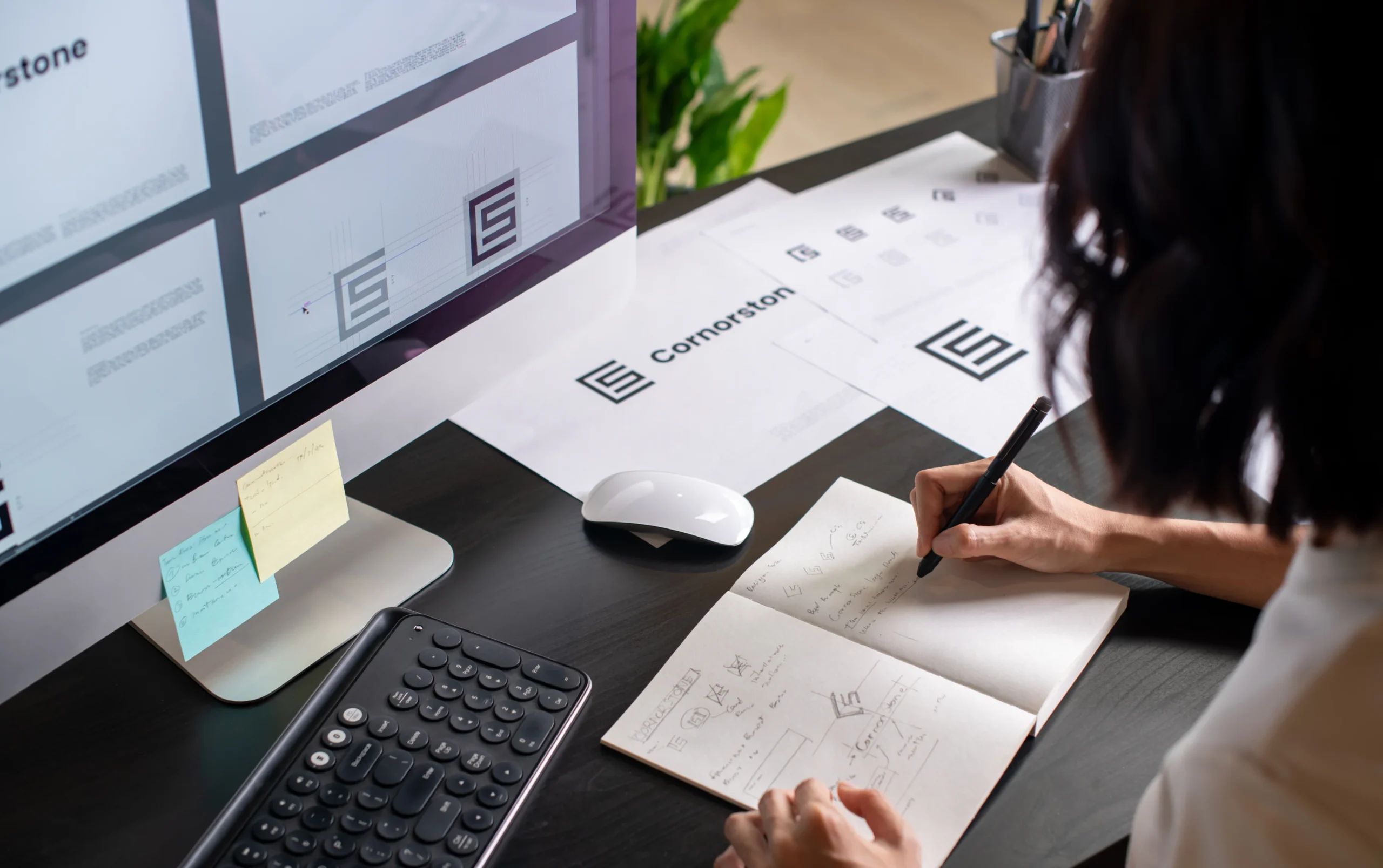 Eine Grafikdesignerin skizziert Logo-Entwürfe in einem Notizbuch, während auf dem Monitor verschiedene Versionen eines Logos angezeigt werden.